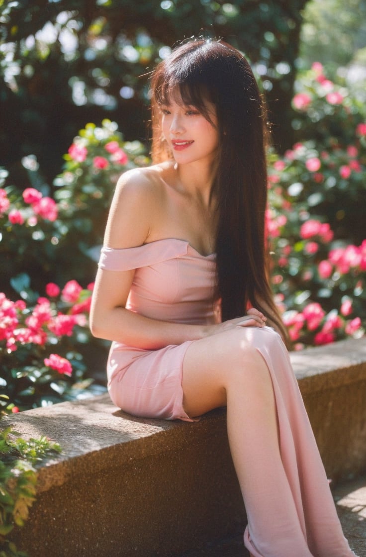 1girl,dress,flower,solo,brown hair,pink dress,sitting,rose,plant,(long hair:1.3),blurry,bare shoulders,pink flower,jewelry,pink rose,necklace,depth of field,off-shoulder dress,parted lips,off shoulder,breasts,looking at viewer,collarbone,lips,vines,strapless,princess,strapless dress,blurry foreground,full body,earrings,smile, <lora:纯欲摄影小姐姐:0.8>