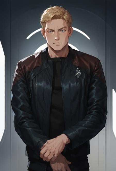 core_9, score_8_up, score_7_up ,score_6_up, man,blonde hair,short hair,modern haircut,space station interrior,machinery,metal walls,pcdjck,Star trek jacket,red shoulders,black shirt,<lora:PicardJacketPony>