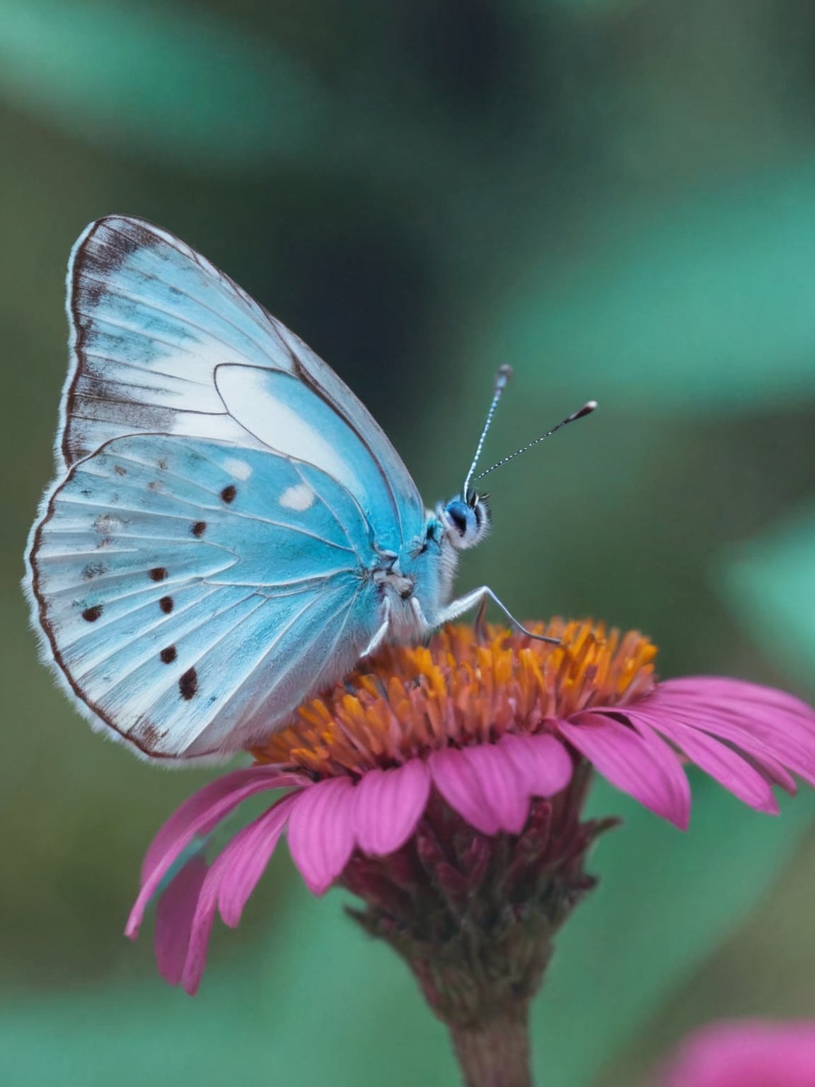 zavy-nfrrd, infrared, white, light-blue highlights, macro shot of a butterfly, 100mm f/2.8 macro lens,<lora:GoodPhotoV1.0_alpha1.0_rank8_noxattn_700steps:1>