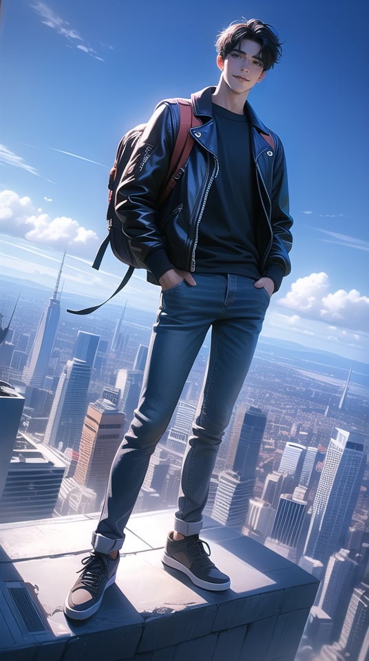 (best quality), ((masterpiece)), (highres), illustration, original, extremely detailed,dbj, solo, pants, 1boy, male focus, full body, jacket, black hair, standing, sky, shoes, black shirt, black footwear, shirt, black pants, bag, hand in pocket, black jacket, outdoors, cloud, closed mouth, day, long sleeves, black eyes, short hair, smile, backpack, looking at viewer, building, blue sky, zipper, city, sneakers, open clothes, open jacket, cityscape