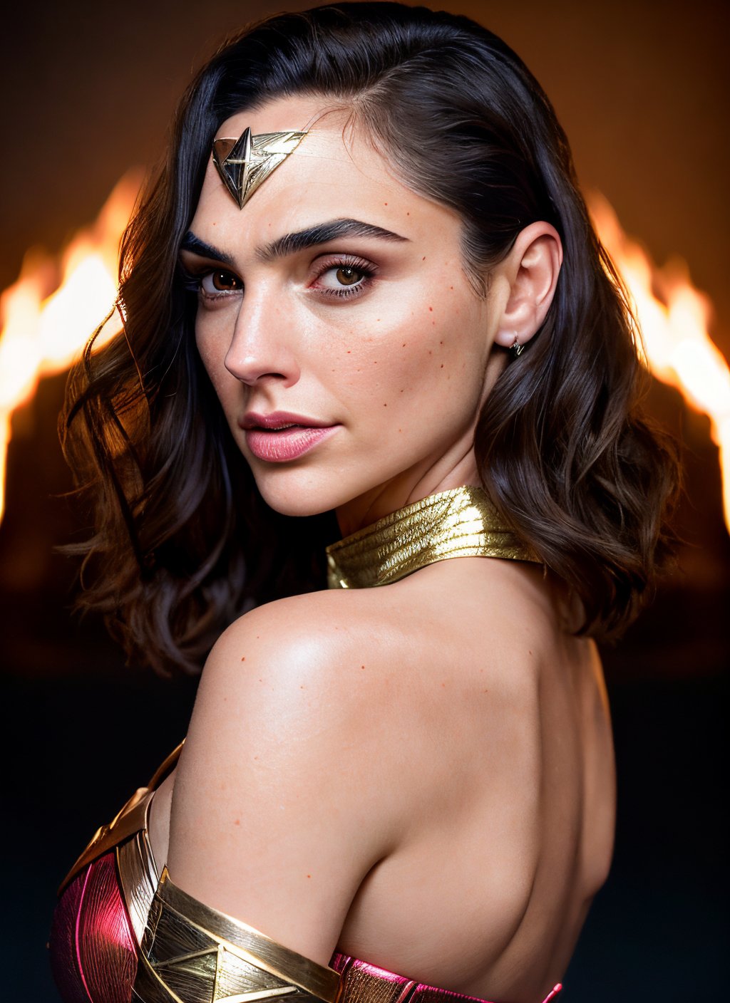 portrait of skswoman, furled brow , wearing luxury fashion , with French bob , background fire epic (photo, studio lighting, hard light, sony a7, 50 mm, matte skin, pores, colors, hyperdetailed, hyperrealistic), <lyco:Gal GadotV2:1.0>