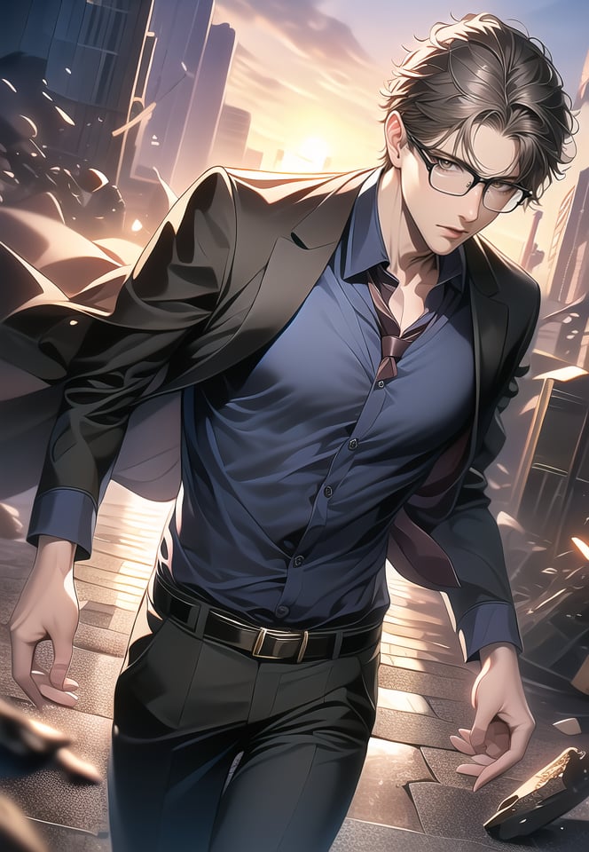 (best quality), ((masterpiece)), (highres), illustration, original, extremely detailed,1boy, male focus, solo, belt, shirt, glasses, pants, necktie, black belt, jacket, formal, short hair, red necktie, outdoors, black jacket, debris, suit