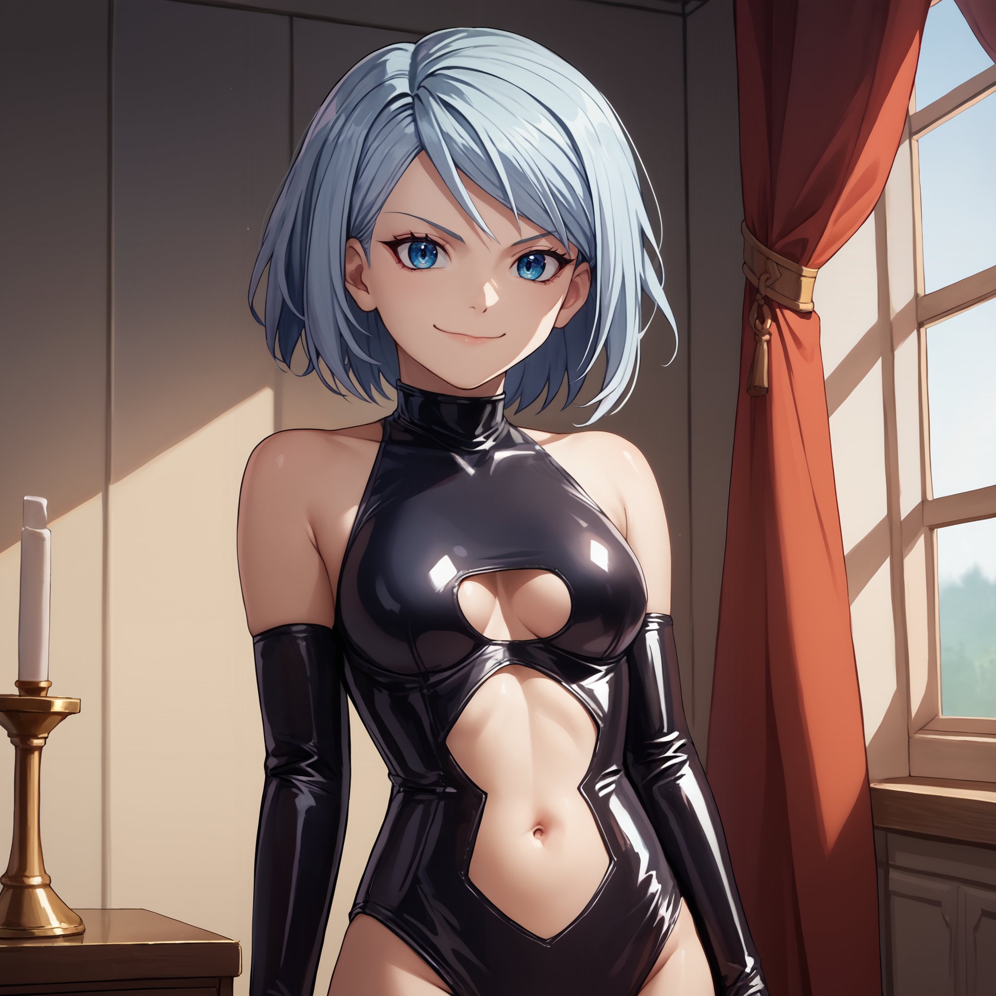 score_9, score_8_up, score_7_up, source_anime,aafranziska, blue eyes, medium breasts,  1girl, evil smile, closed mouth, latex princess, stomach cutout, bare shoulders,solo, cowboy shot, standing, indoors,  <lora:latex-princess3-005:0.8>  <lora:pride_royal_ıv:1.0> <lora:aa_franziska_ponyXL:0.8> 