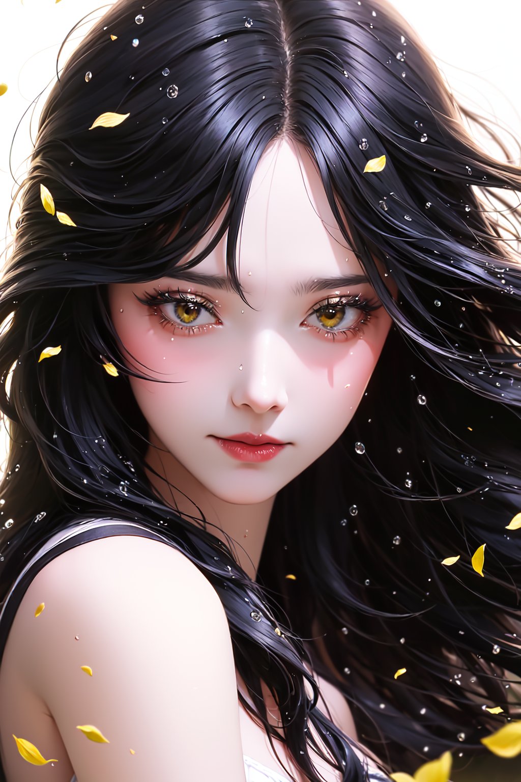 1gilr,solo,white_background,<lora:face:1>,black hair,bunching_hair,There are many scattered luminous petals,Hidden in the light yellow flowers,Depth of field,Many flying drops of water,Many scattered leaves,branch ,angle ,contour deepening,cinematic angle,portrait