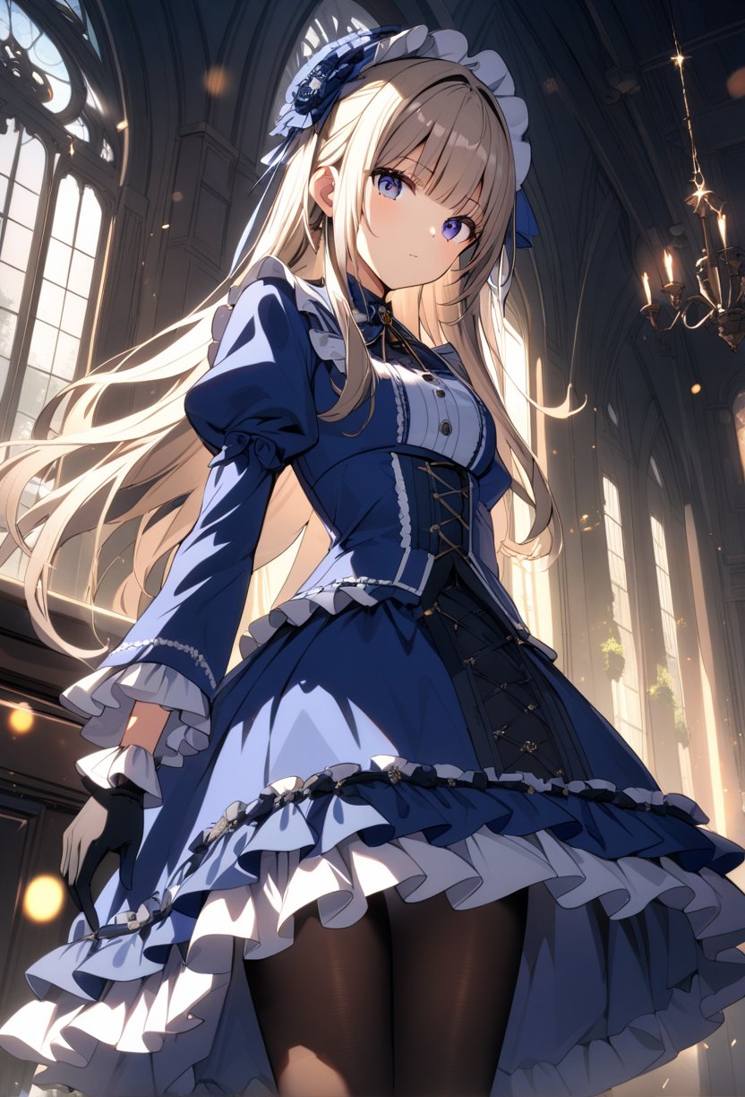 1girl, solo, long hair, blue dress, frills, pantyhose, gloves, looking at viewer, jewelry, bangs, lolita_fashion,highly detailed, best quality, absurdres, lighting, detailed, HDR, natural light