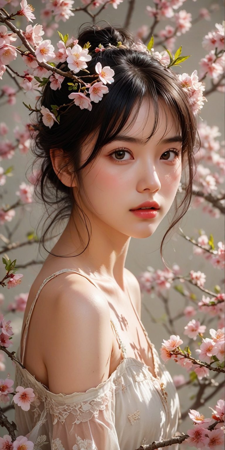 1girl,solo,black hair,realistic,lips,masterpiece,best quality,Solid background,skin texture,peach blossom,.