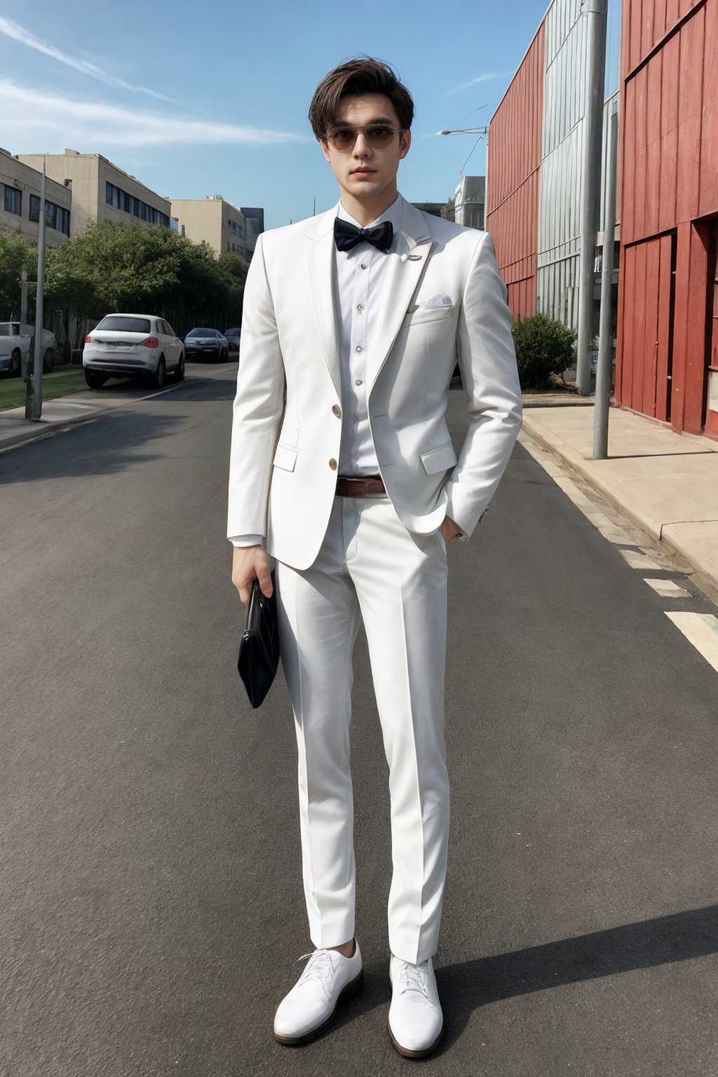 man,white suit,full body,the hands must be well represented,outdoor