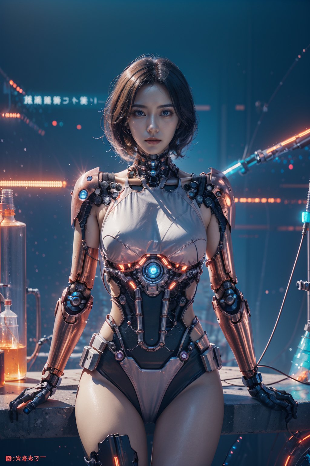 sdmai,jixieji,Bright visuals,Bright lighting,Mechanical body, mechanical joints,Color light background, cyberpunk futuristic neo, beautiful cyberpunk woman model, dreamy cyberpunk girl, Future Science Fiction,cyberpunk wearing, cyberpunk beautiful girl, masterpiece, HD resolution, rich details, rich colors,saibo<lora:机械姬jixieji:0.7>,