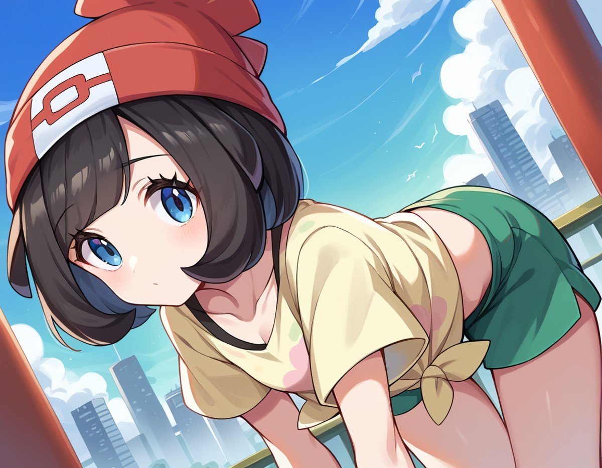 score_9, score_8_up, score_7_up, source_anime,pokemonselene, <lora:pokemon-selene-ponyxl-lora-nochekaiser:1>pokemonselene, black hair, blue eyes, short hair, bangs, blunt bangs,beanie, collarbone, green shorts, hat, red headwear, shirt, short sleeves, shorts, tied shirt, yellow shirt,outdoors, cityscape, bent over,looking at viewer, cowboy shot, dutch angle,