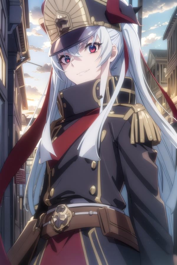 recreatorsaltair, <lora:recreators altair s1-lora-nochekaiser:1>, altair, long hair, (red eyes:1.3), very long hair, white hair, smile, grin,BREAK gloves, hat, uniform, military, military uniform, shako cap,BREAK outdoor, city, night, sky, buildings, moon, clouds,BREAK looking at viewer, (cowboy shot:1.5),BREAK <lyco:GoodHands-beta2:1>, (masterpiece:1.2), best quality, high resolution, unity 8k wallpaper, (illustration:0.8), (beautiful detailed eyes:1.6), extremely detailed face, perfect lighting, extremely detailed CG, (perfect hands, perfect anatomy),