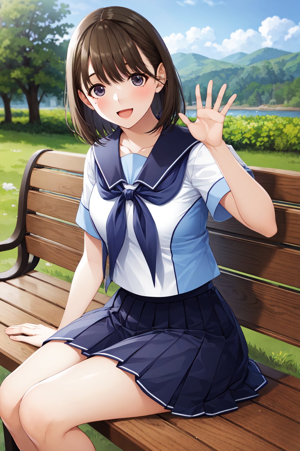 masterpiece, best quality, highres, aanene, short hair, serafuku, white shirt, short sleeves, sailor collar, blue neckerchief, pleated skirt, blue skirt, <lora:anegasaki_nene_v1:0.7>, sitting, waving, smile, open mouth, bench, outdoors