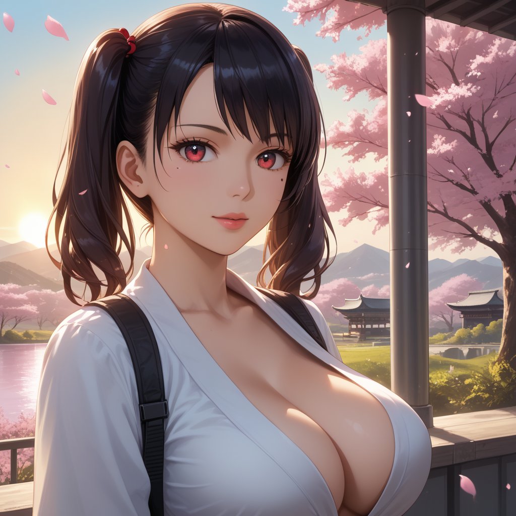 (,1girl, ,best quality, ),,  ultra realistic 8k cg,ultra detailed 8k cg,masterpiece,upper body,  (( , )),, ,science fiction,mole, ,    ,outdoors, sun,sunlight, cherry blossoms,      (cleavage),,  (),