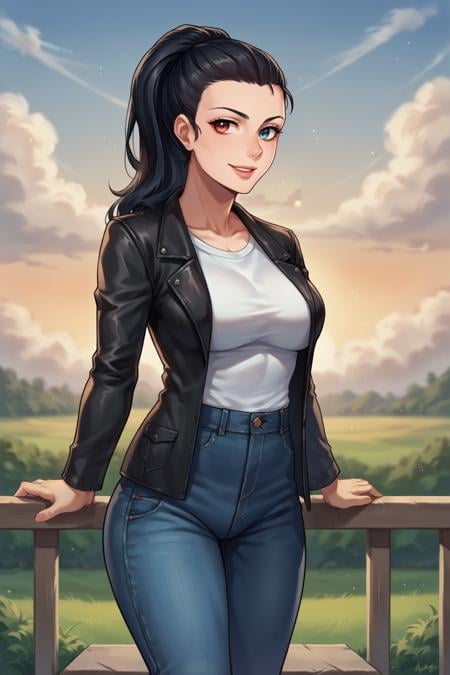 score_9, score_8_up, score_8, <lora:Everlasting_Summer_Viola:0.7>, viola, ponytail hair, heterochromia eyes, left eye red, blue eye blue, 1girl, solo, blue eyes, heterochromia, ponytail, red eyes, black hair, lipscute, smile, mature,jeans, white tshirt, leather jacketoutside, spring, amazing background, sky, clouds, sunset, portrait, bokeh, 