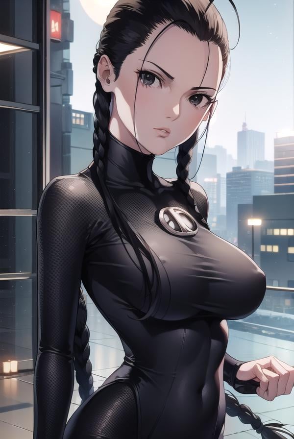 seisakuraoka, <lora:sei sakuraoka manga-lora-nochekaiser:1>,sei sakuraoka, braid, black hair, (black eyes:1.5), single braid,BREAK bodysuit, black bodysuitBREAK outdoors, city, night, sky, starry sky, moon,BREAK looking at viewer, (cowboy shot:1.5),BREAK <lyco:GoodHands-beta2:1>, (masterpiece:1.2), best quality, high resolution, unity 8k wallpaper, (illustration:0.8), (beautiful detailed eyes:1.6), extremely detailed face, perfect lighting, extremely detailed CG, (perfect hands, perfect anatomy),