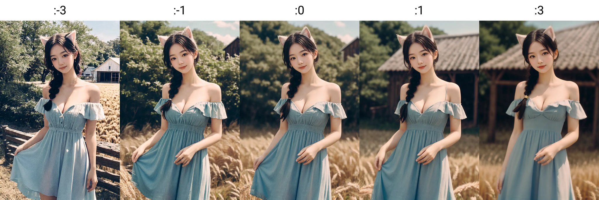 young 1girl with braided hair and fluffy cat ears, dressed in Off-Shoulder Sundress, standing in a rustic farm setting. She has a soft, gentle smile, expressive eyes and sexy cleavage. The background features a charming barn, fields of golden wheat, and a clear blue sky. The composition should be bathed in the warm, golden hour light, with a gentle depth of field and soft bokeh to accentuate the pastoral serenity. Capture the image as if it were taken on an old-school 35mm film for added charm, looking at viewer,  <lora:tangbohu_blurbg_v2:-3> <lora:FujiFP100cNegative:1>