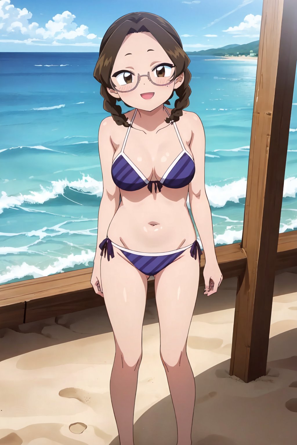 Mikuni Katou, (8k, HD), 1 girl, alone, looking at viewer, blushing, smiling, brown eyes, braid, glasses, twin braids, beach, bikini, full_body<lora:EMS-468290-EMS:0.800000>