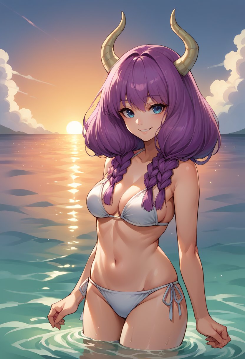 score_9, score_8_up, source_anime, 1girl, solo, AuraFrieren, purple hair, blue eyes, horns, long hair, twin braids, white bikini, side-tie bikini, ocean, sunset, wading, smile, warm lighting, backlighting, <lora:ChamAuraPonyXL:1>