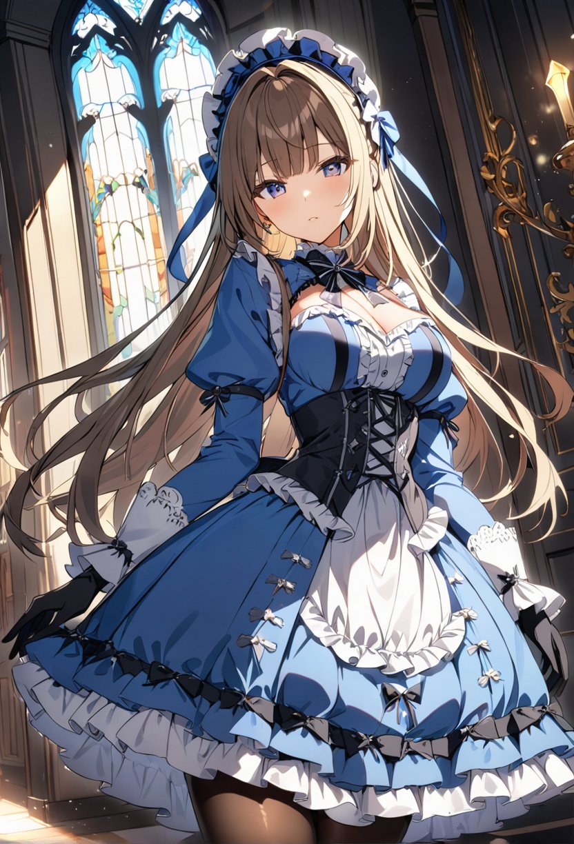 1girl, solo, long hair, blue dress, frills, pantyhose, gloves, looking at viewer, jewelry, bangs, lolita_fashion,highly detailed,best quality,absurdres,detailed,HDR,natural light,