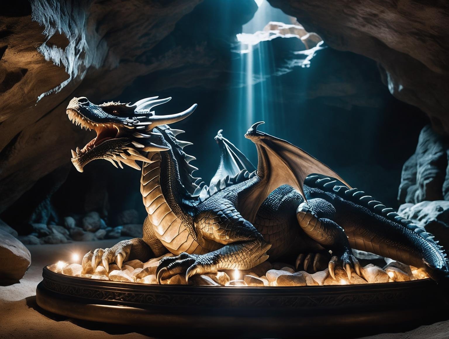 cinematic film still breathtaking photo showing a giant crystall cave with ancient  great winged Dragon sleeping on a treasure ,  . shallow depth of field, vignette, highly detailed, high budget Hollywood movie, bokeh, cinemascope, moody, epic, gorgeous, film grain, grainy