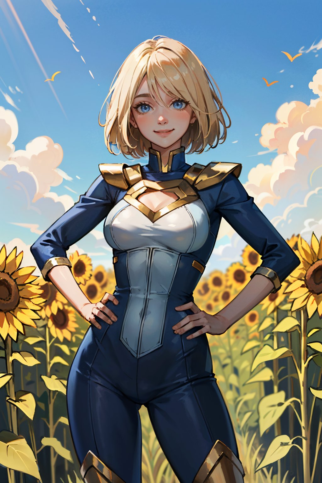 ((ultra detailed, masterpiece, absurdres)) <lora:I2SGirl:0.8>I2SGirl, medium hair, blonde hair, blue eyes, surrounded by sunflowers in a bright field, smiling, with hands on hips