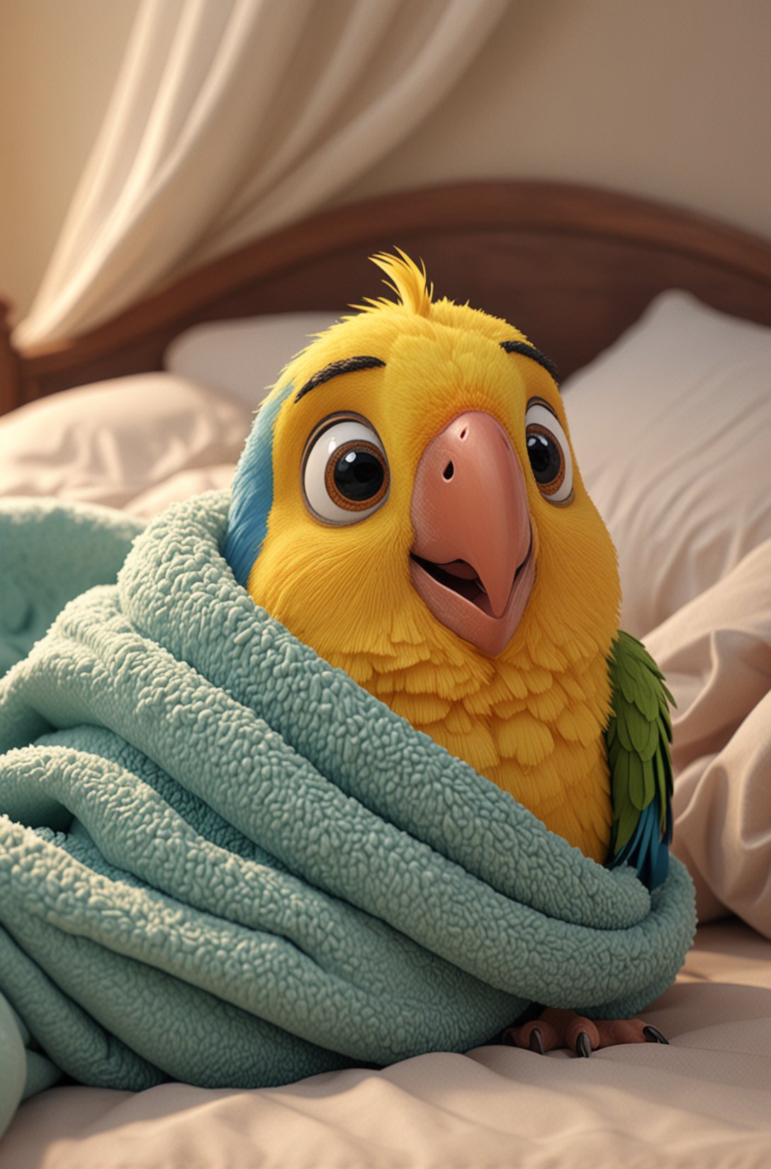 Cute cartoon style of a adorable little colourful Parrot, snuggled, curled up, smiling, sleeping with a little blanket, tiny bedroom, on a bed under the blanket, ethereal, soft, detailed, beautiful, cosy, cute, Pixar, snoozing, 3D render, UHD