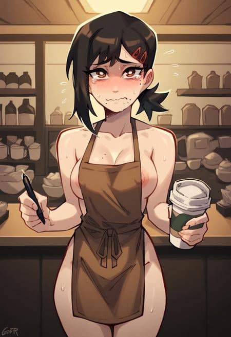 score_9, score_8_up, score_7_up, Gerph_style, 1girl, facing viewer, kobeni higashiyama, black hair, hairclip, mole, ponytail, short hair, brown eyes, brown apron, naked apron, barista, medium breasts, nipple slip, (holding marker), [holding coffee cup], embarrassed, legs together, wavy mouth, tears, sweat, flying sweatdrops, cafe, looking at viewer