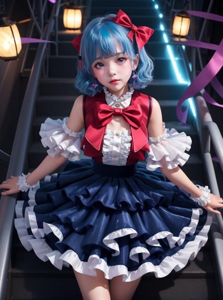 beautiful 1girl wearing a light brown (idol dress) <lora:idol_dress-2.0:1>,layered skirt, frills, ribbon, bow, sequins, (indigo blue hair Layered Cut),(Path),point-of-view shot,balancing,flustered