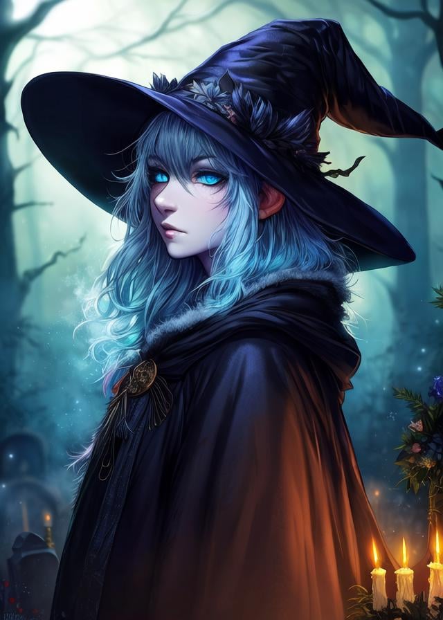 (by Jimnsei, by Pockyrumz, by Thebigslick), elden ring, feral (ranni the witch:1.3), (sky blue eyes), white skin, (fur cloak, wizard hat:1.25), looking at viewer, (side view, bust portrait:1.25), BREAK, night, dark, forest, foggy, steam, blue crystal, cemetery, willow wisp, flower, foreground, ambient silhouette, backlighting, detailed background, depth of field, masterpiece, best quality, light, 4k, 2k, (high detail:1.25), shaded, photography