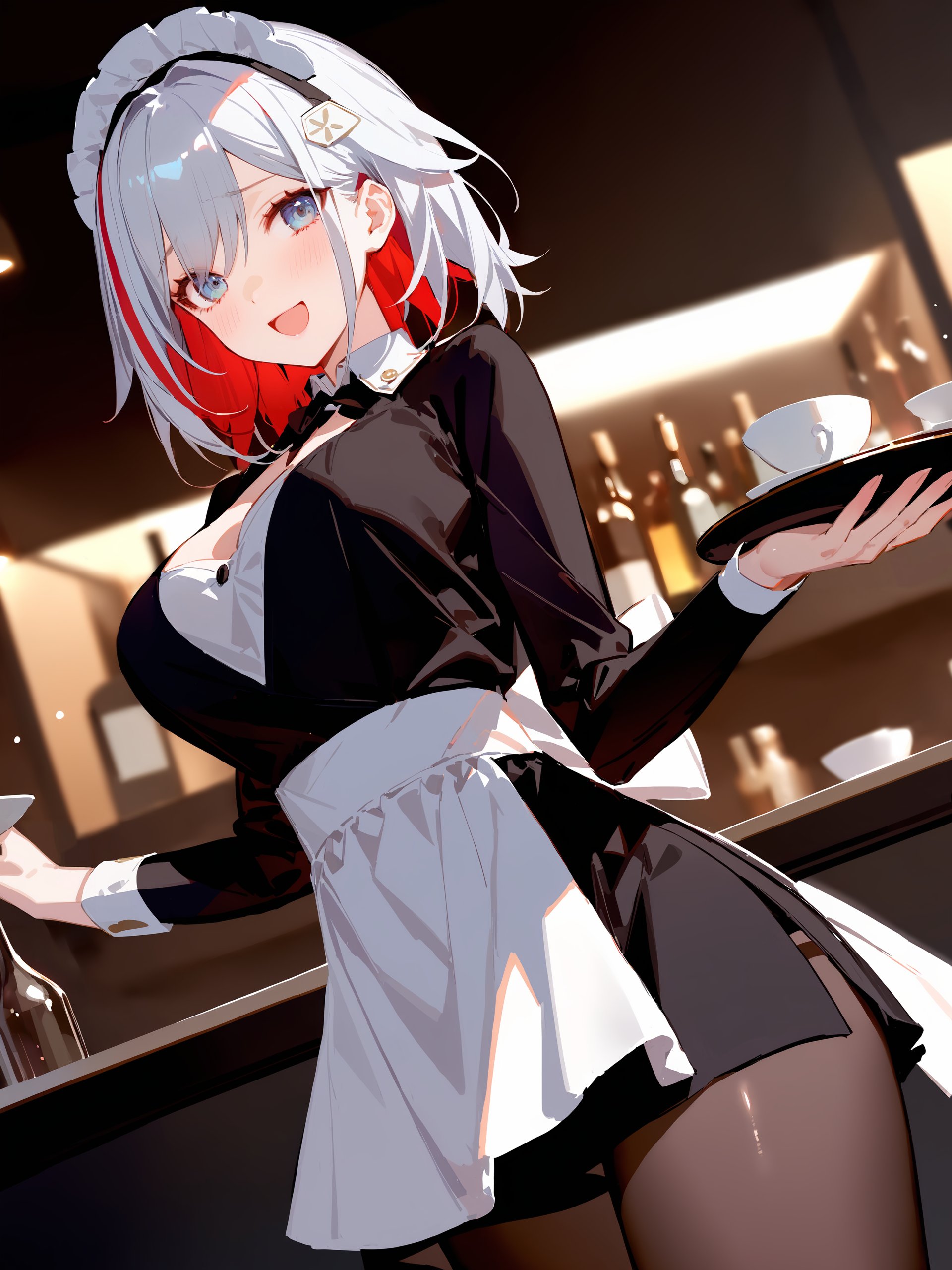 masterpiece, best quality, perfect features, intricate details, ray tracing, very aesthetic, (hitenkei, askzy:0.4), 1girl, topaz \(honkai: star rail\), solo, maid, maid headdress, maid apron, embarrassed, pantyhose, open mouth, blush, smile, open mouth, holding plate, looking at viewer, cowboy shot, bar \(place\), indoors, depth of field  <lora:Char-HonkaiSR-Topaz-XL-V1:0.8>