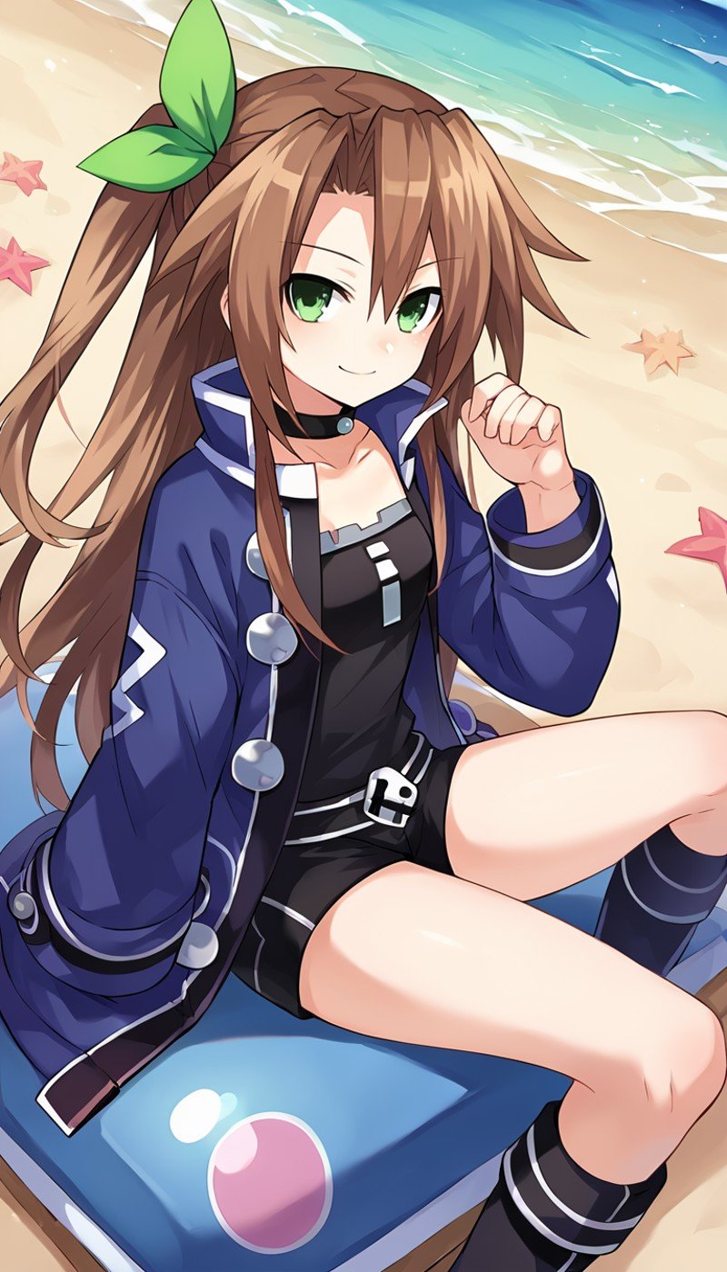 score_9, score_8_up, score_7_up, score_6_up, score_5_up, source_anime, 1girl, solo, brown hair, long hair, green eyes, smile, closed mouth, green bow, ribbon, one side up, choker, blue jacket, collar, boots, black shorts, black shirt, sitting, beach, outdoors, sunny, looking at viewer, dutch angle, <lora:IF_Neptunia_PonyXL:0.8>, IF \(neptunia)\