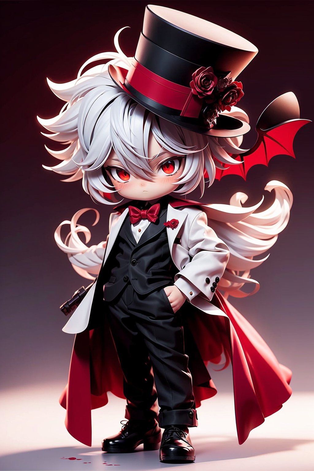 NJIP, red eyes, hat, long hair, solo, top hat, 1boy, male focus, blood, white hair, holding, suit, red coat,chibi