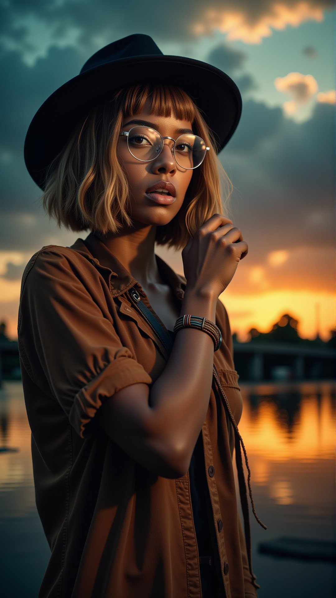 A professional photo of Time-lapse photography, African, mid-twenty, woman, Long hair, Bob hair with bangs, Frohawk, Honey Blonde hair, Hat, Deep Set eyes shape, Amber eyes, Reading glasses, Pouting lips, Peach lips, Square face, Natural makeup, Fearful, Tiny body, Running, Touching hair, Casual dress, Short lighting, Crepuscular rays, Night, Dark clouds, vibrant yellow background, Bridge background, Canon EOS M50, Upper body shot, Low angle