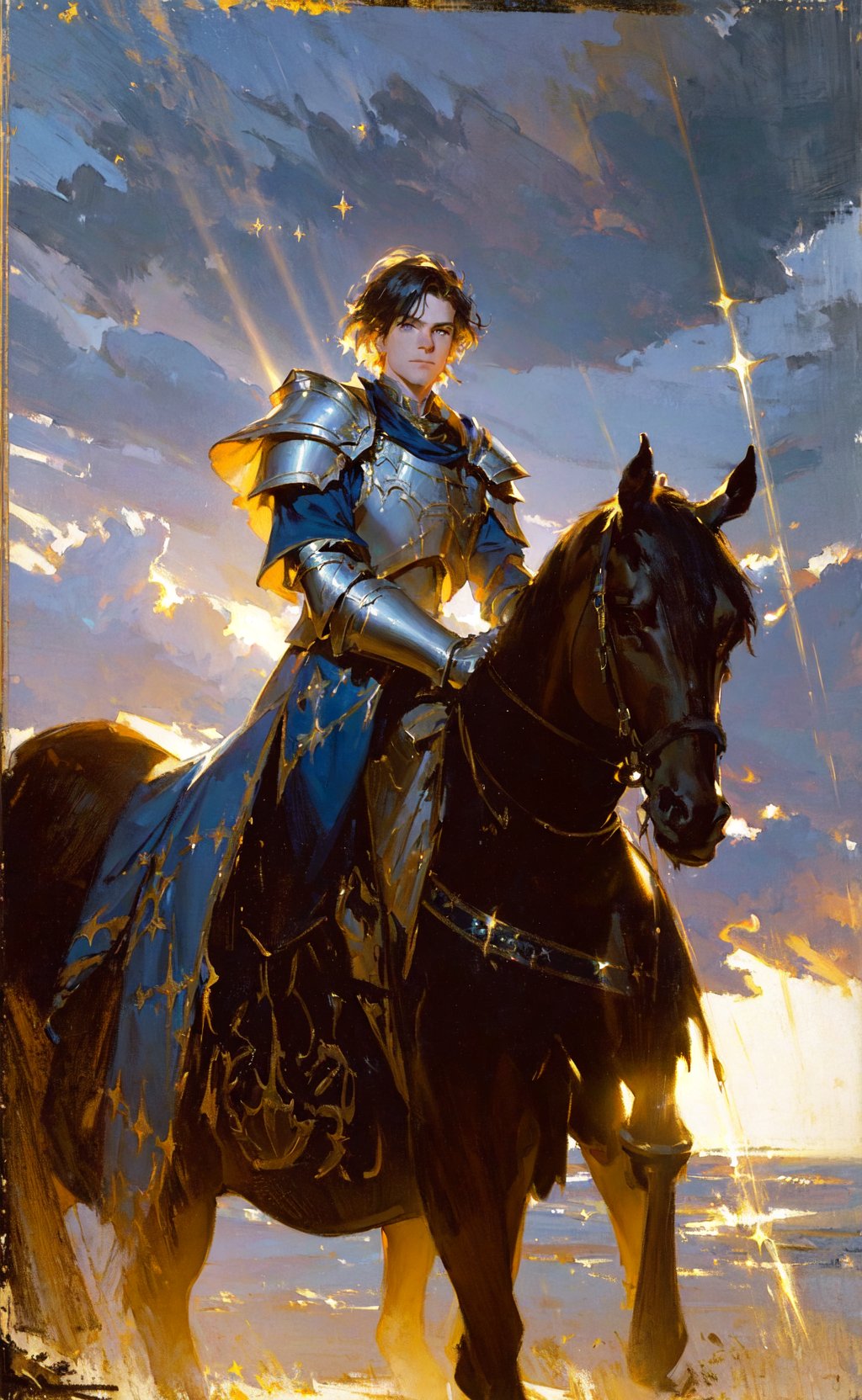 John Singer Sargent, oil painting portrait, gouache, thick brushwork, male royal knight paladin, (moody lighting, cinematic, mystical, magical, rim lighting, fantasy, sunbeam, soft lighting, sparkle, glittering, sky, cloudy sky:1.1)