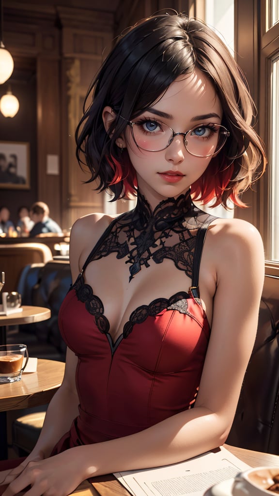 (best quality, masterpiece, colorful, highest detailed) upper body photo, fashion photography of cute (1 young Tunisian girl), gorgeous, very slim, skinny, short hair, slender, red lips, wearing glasses, wearing high detailed red dress, sitting in a lounge café, cozy atmosphere, looking at the viewer, transparent fabric, flirting with the camera,soft light passing through hair, (ultra-detailed body), (soft lighting, side lighting, reflected light), (dynamic angle), (official art), (intricate details), (dynamic angle)