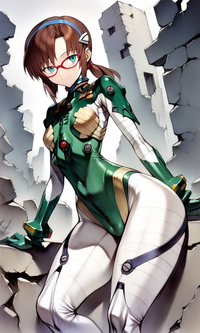 solo, 1girl, maritest, aqua eyes, hairband, brown hair, red-framed eyewear, plugsuit, bracer, quilted bodysuit, thick thighs, wide hips, looking at viewer, light smile, outdoors, ruins, masterpiece, absurdres, by nyatabe, by mogudan, <lora:MariTestSuit_XL:1><lora:Nyatabe_XL:0.65> <lora:Fixhands_anime_bdsqlsz_V1:1> 