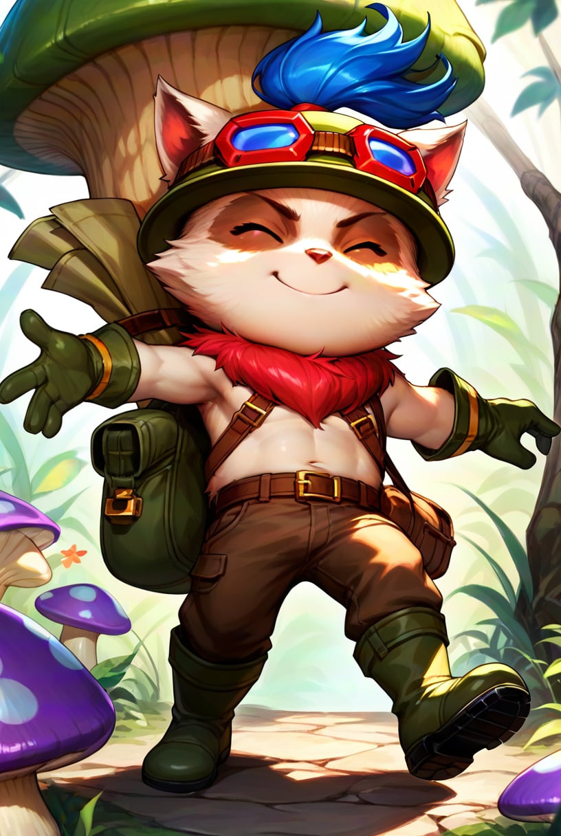 score_9, score_8_up, score_7_up, t33mo, score_9, source_anime, teemo, hat, closed eyes, 1boy, furry, yordle, male focus, goggles, goggles on headwear, brown pants, pants, belt, boots, gloves, green headwear, bag, furry male, mushroom, <lora:Teemo_default_v1:0.75>, happy,leaning forward