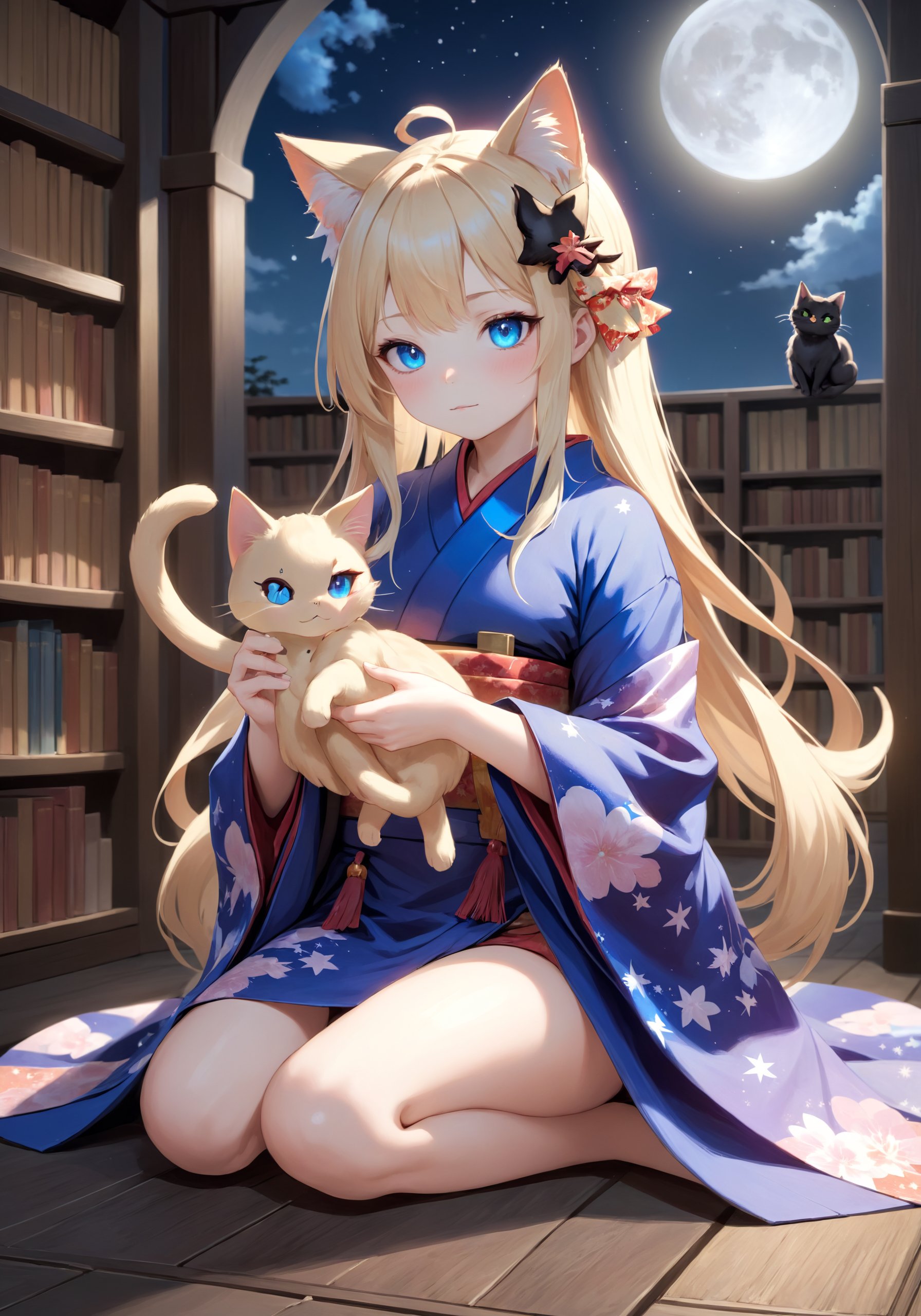 highres,best quality,wizard, 1 girl, illuminated by the moonlight, with her black cat familiar, Fantastically lit library, invoking magic, best quality, newest, absurdres, 1girl, animal ear fluff, animal, animal on head, blonde hair, blue eyes, blush, cat, closed mouth, food, holding, holding food, japanese clothes, kimono, long hair, looking at viewer, sitting, solo