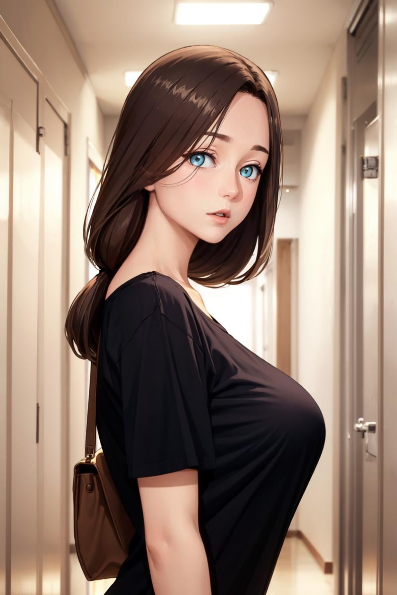 masterpiece, best quality,  <lora:aimom-nvwls-v1:1> 1girl, aimom, hair over shoulder, mature female, large breasts, looking at viewer, from side, :o, black t-shirt, upper body, hallway