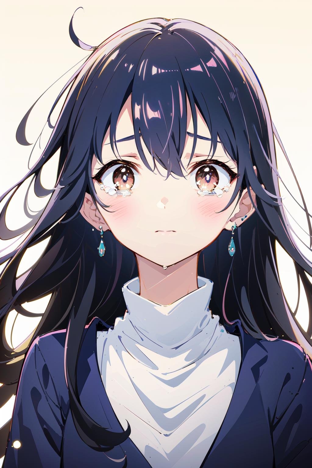 (masterpiece:1.2),best quality,PIXIV,Anna yamada,1girl,solo,jewelry,earrings,long hair,looking at viewer,bangs,tears,blue hair,blush,portrait,closed mouth,sonoda umi,brown eyes,hair between eyes,tearing up,crying,crying with eyes open,<lora:Anna yamada-000016:0.8>,