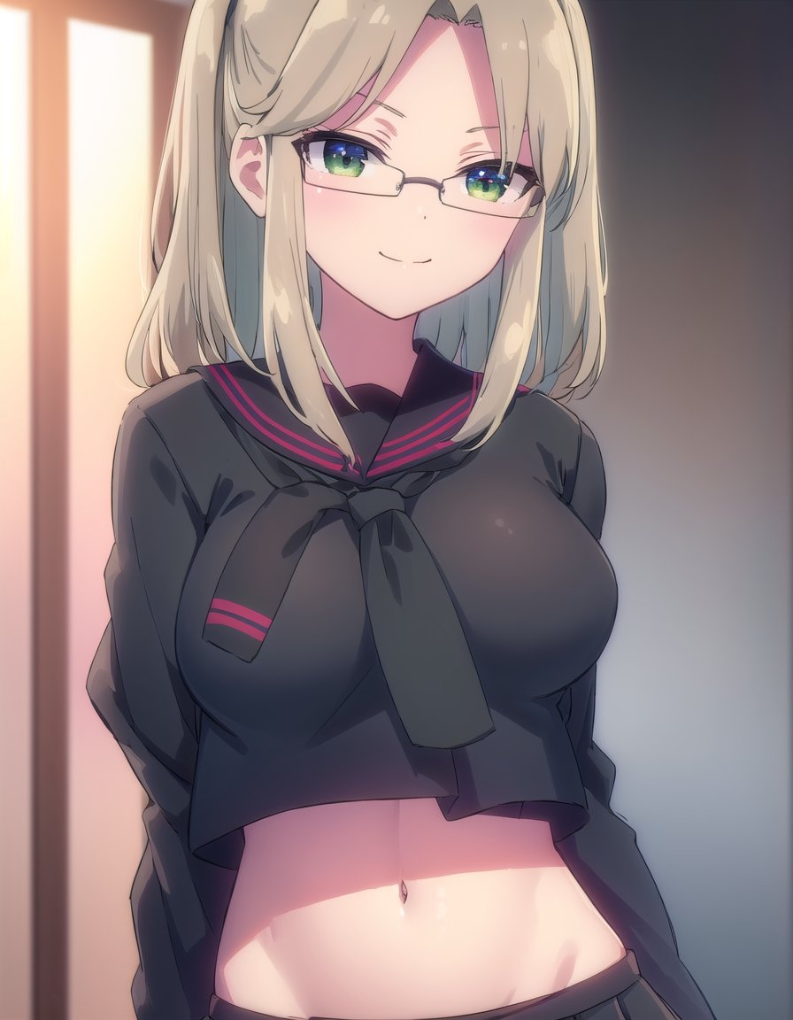 skimu, <lora:sk imu s1-lora-nochekaiser:1>,imu, (green eyes:1.3), glasses, hair ornament, twintails, (parted bangs:1.5), blonde hair,BREAK skirt, shirt, long sleeves, navel, school uniform, pantyhose, pleated skirt, necktie, serafuku, midriff, black skirt, sailor collar, black shirt, black sailor collar, (black serafuku:1.2),BREAK outdoors, classroom,BREAK looking at viewer, (cowboy shot:1.5), smile,BREAK <lyco:GoodHands-beta2:1>, (masterpiece:1.2), best quality, high resolution, unity 8k wallpaper, (illustration:0.8), (beautiful detailed eyes:1.6), extremely detailed face, perfect lighting, extremely detailed CG, (perfect hands, perfect anatomy),