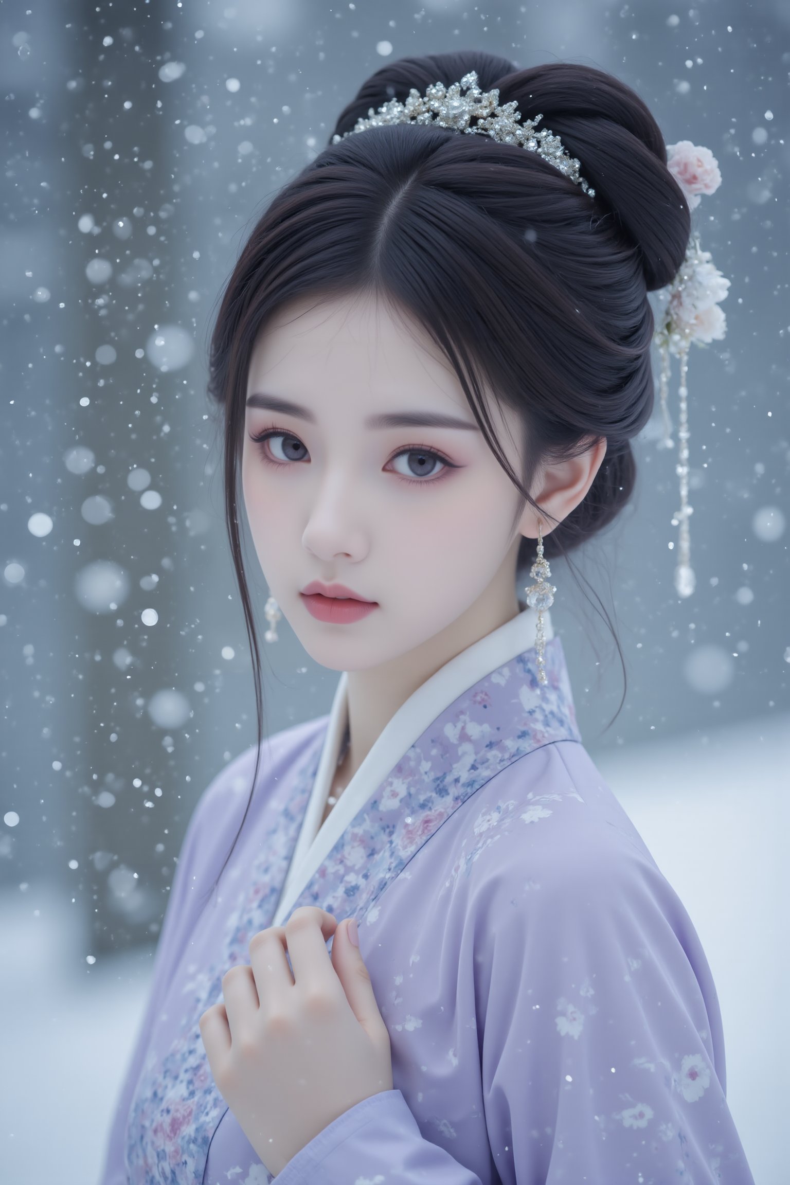 1girl,solo,black hair,hair ornament,long sleeves,floor-length skirt,jewelry,closed mouth,standing,earrings,outdoors,Tang Dynasty courtesans,wide sleeves,narrative photography,hair bun,blurry,makeup,blurry background,floral print,snow,snowing,winter,updo,cover art,high quality,<lora:极品超模V8_2.0:0.8>