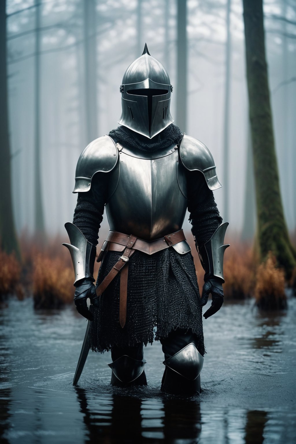 ((full body shot)), walking in the swamp, wet marsh, foggy, misty, light refraction, dark studio, low key, cinematic film still, reflections, dreamy, soft focus(hdr, film), lifelike textures, abstract expressionist painting of (dull outdoor forest, photo of a knight with no face, wearing opened helmet no face helmet, dull and haunted , by alessio albi Dark Photo of creepy Vintage black Knight, very detailed, atmospheric haze, Film grain, cinematic film still, shallow depth of field, highly detailed, high budget, cinemascope, moody, epic, OverallDetail, gorgeous, 2000s vintage RAW photo,by Norman Ackroyd ,colored_film_photography,depth of field,detailed ,a photo of gorgeous by Ernesto Neto, by Karl Blossfeldt,medieval style knight Alexander Mcqueen & Jeremy Scott 1970, Beksinski, closed helmet, hidden face), incredible abstract art by sam spratt, (soggy, masaccio, monochromatic realism , energetic brushwork, bold colors, [abstract forms, expressive, emotional]:1), shallow depth of field, bokeh, vibrant saturated color, volumetric lighting, iridescent skin, twilight , (surreal:0.4), hyper detailed photorealistic life-like accurate proportional 8k sharp focus, empty hands, (accurate cinematic lighting), photorealistic detail, (selective focus:0.6)