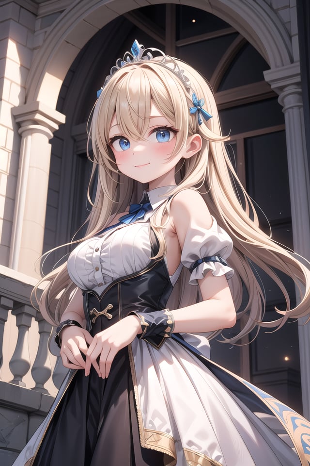 insanely detailed, absurdres, ultra-highres, ultra-detailed, best quality,1girl, solo, nice hands, perfect handsBREAKprincess, wearing princess costume, princess dress with many frills, (tiara:1.3) on hair, (nsfw:-1.5)BREAKhappy smile, laugh, closed mouthBREAKfrom below,standing, cowboy shot, looking at viewerBREAKslender, kawaii, perfect symmetrical face, ultra cute girl, ultra cute face, ultra detailed eyes, ultra detailed hair, ultra cute, ultra beautifulBREAK(fantasy world, in castle), depth of fieldBREAKlarge  breastsBREAKblonde hair, long hair, messy hair, blue eyes, hair between eyes