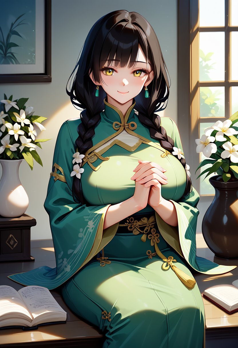 score_9, score_8_up, score_7_up, score_6_up, source_anime, <lora:CKS 0.2v:1>, cksxin,1girl, solo, book, sitting, jewelry, braid, earrings, black hair, chinese clothes, looking at viewer, long sleeves, indoors, flower, smile, yellow eyes, bangs, plant, wide sleeves, hair over shoulder, white flower, twin braids, long hair, closed mouth, potted plant, own hands together, window, open book, lattice, hands on lap, pillow, sunlight, feet out of frame, vase, light particles, day, food, cozy green theme, dark green, large breasts, vintage dress \(module\), 