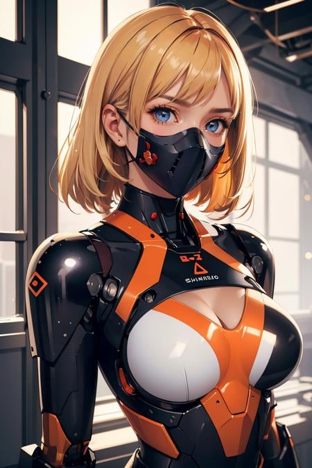 masterpiece, best quality,Ray tracing, hdr, volumetric lighting,cleavage, sexy, 1girl, mecha suit, samurai face mask, menpo, upper body, underboob, portrait, white orange armor, blonde shimmering hair, 8K, RAW, best quality, masterpiece, ultra high res, colorful, (medium wide shot), (dynamic perspective), sharp focus , (depth of field, bokeh:1.3), extremely detailed eyes and face, beautiful detailed eyes,large breasts,black gold, trimmed gear,In a futuristic weapons factory, ((masterpiece, best quality)), niji, from side, upper body, hips