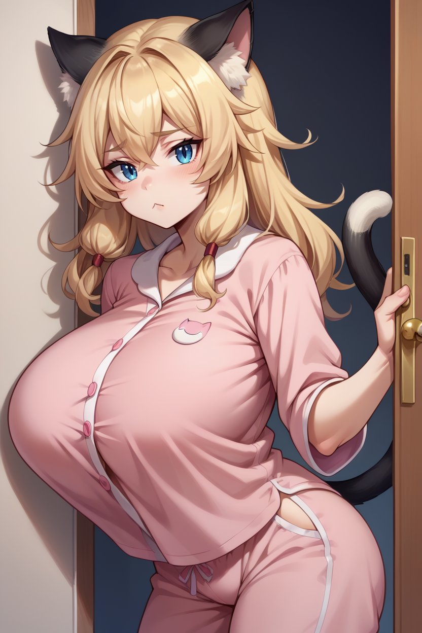 score_9, score_8_up, score_7_up, score_6_up, source_anime BREAK 1girl, solo <lora:nyannyan-pdxl-nvwls-v1-000005:1> nyannyan, blonde hair, blue eyes, cat ears, bell, large breasts, cat tail, pink pajamas, cat pajamas, looking at you, bedroom, doorway, tired