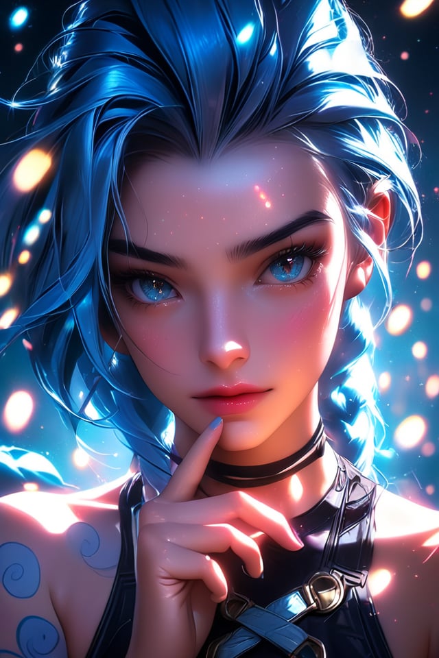 Jinxkaryln, (masterpiece), (cinematic), super artistic portrait, close view, ultra detail face, ultra detail eyes, beautiful portrait, artistic photo, bokeh, dark background, ambient light, sparkle, light beam <lora:Lora-SDXL-JinxKaryln:1>