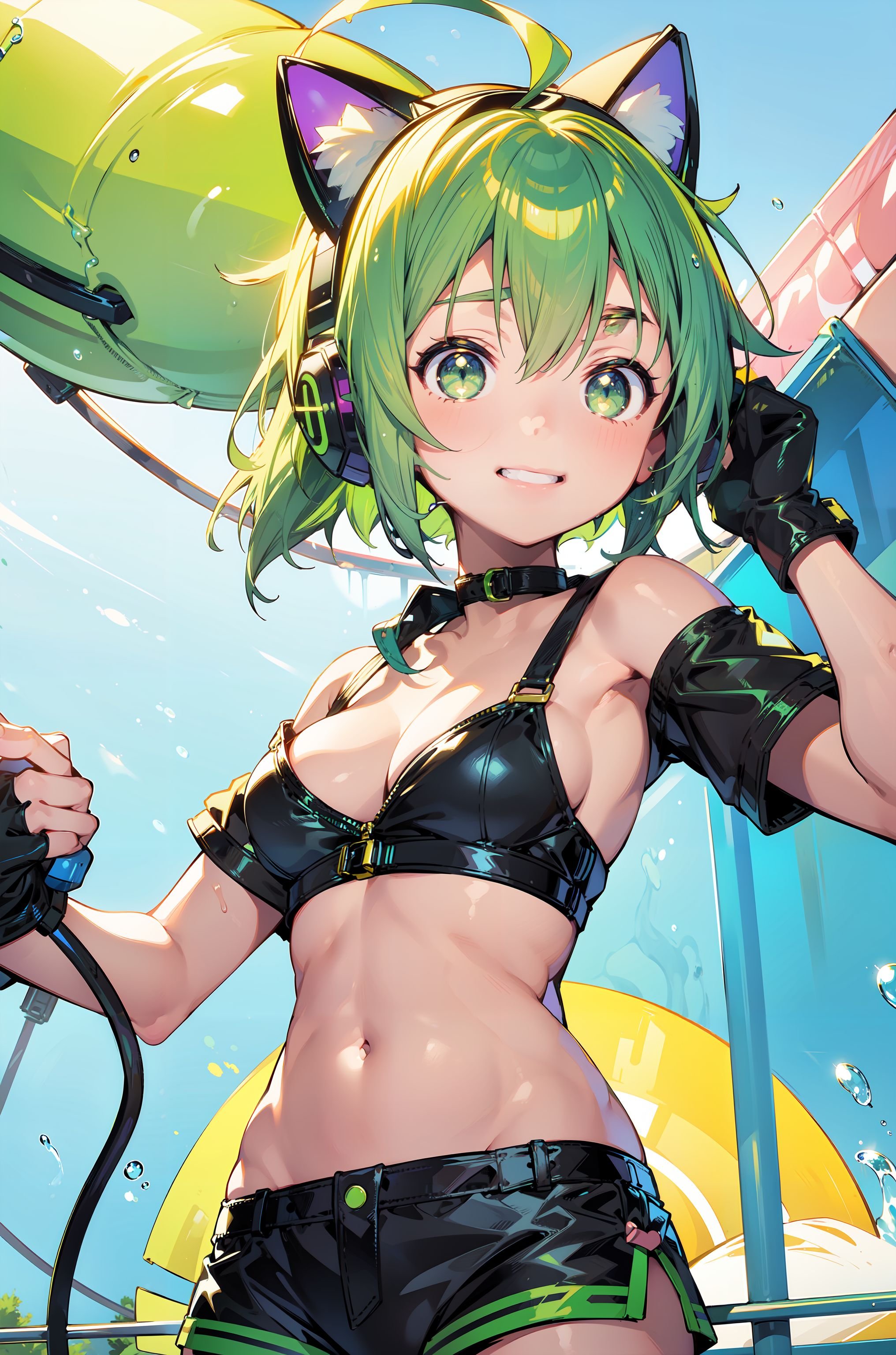 1girl,solo,(Summer pool party, lots of balloons, water splash),mouth pull,headphones,green eyes,green hair,cat ear headphones,navel,animal ear headphones,finger in own mouth,gloves,ahoge,animal ears,looking at viewer,breasts,fake animal ears,jacket,short hair,smile,choker,single glove,upper body,midriff,teeth,short sleeves,small breasts,