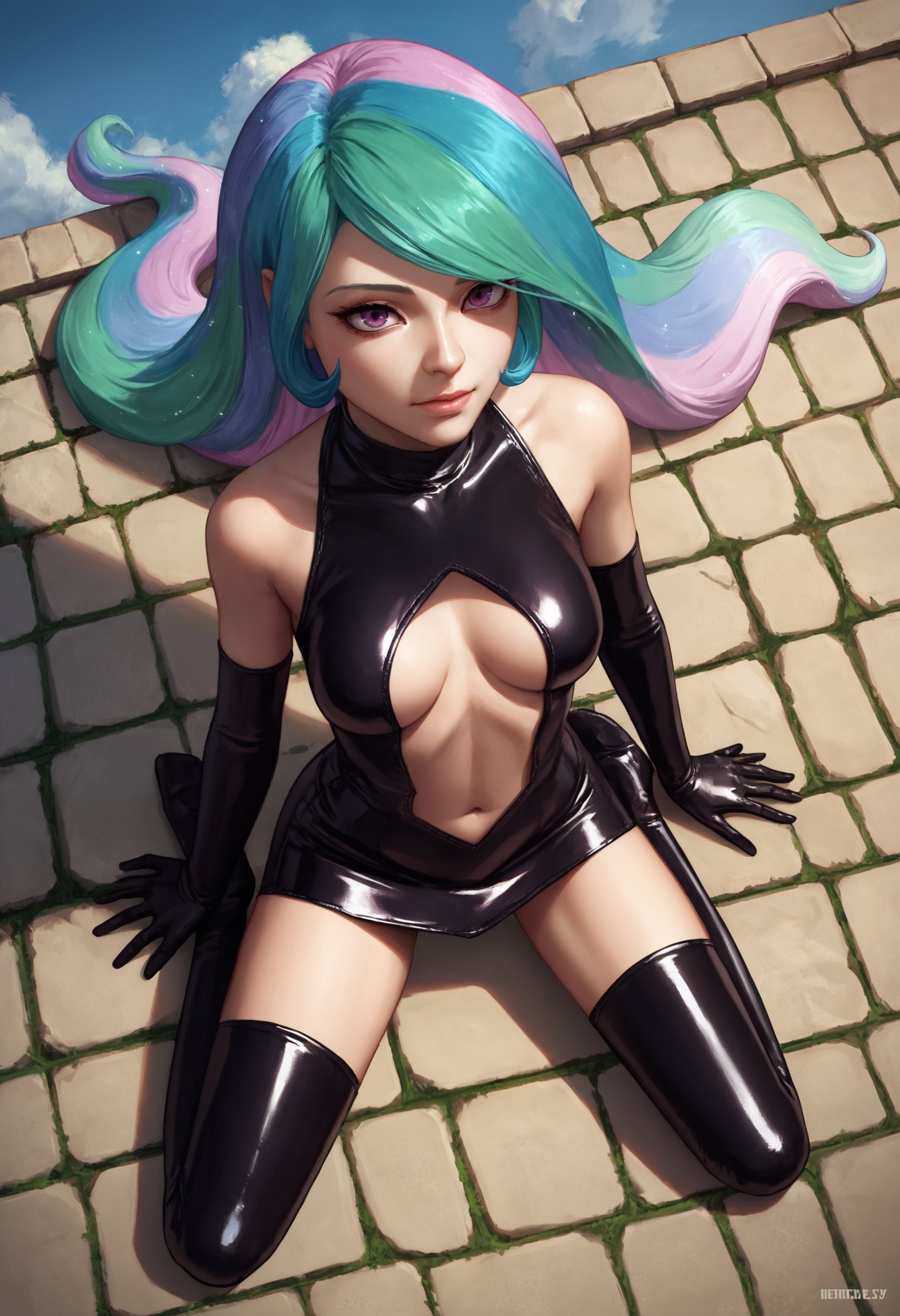 zPDXL, source_anime, 1girl,human celestia,latex princess, thighhighs, elbow gloves, breasts apart, latex skirt,kneeling, from above, outdoors, blue sky, <lora:latex-princess-ot6-1560:0.8>