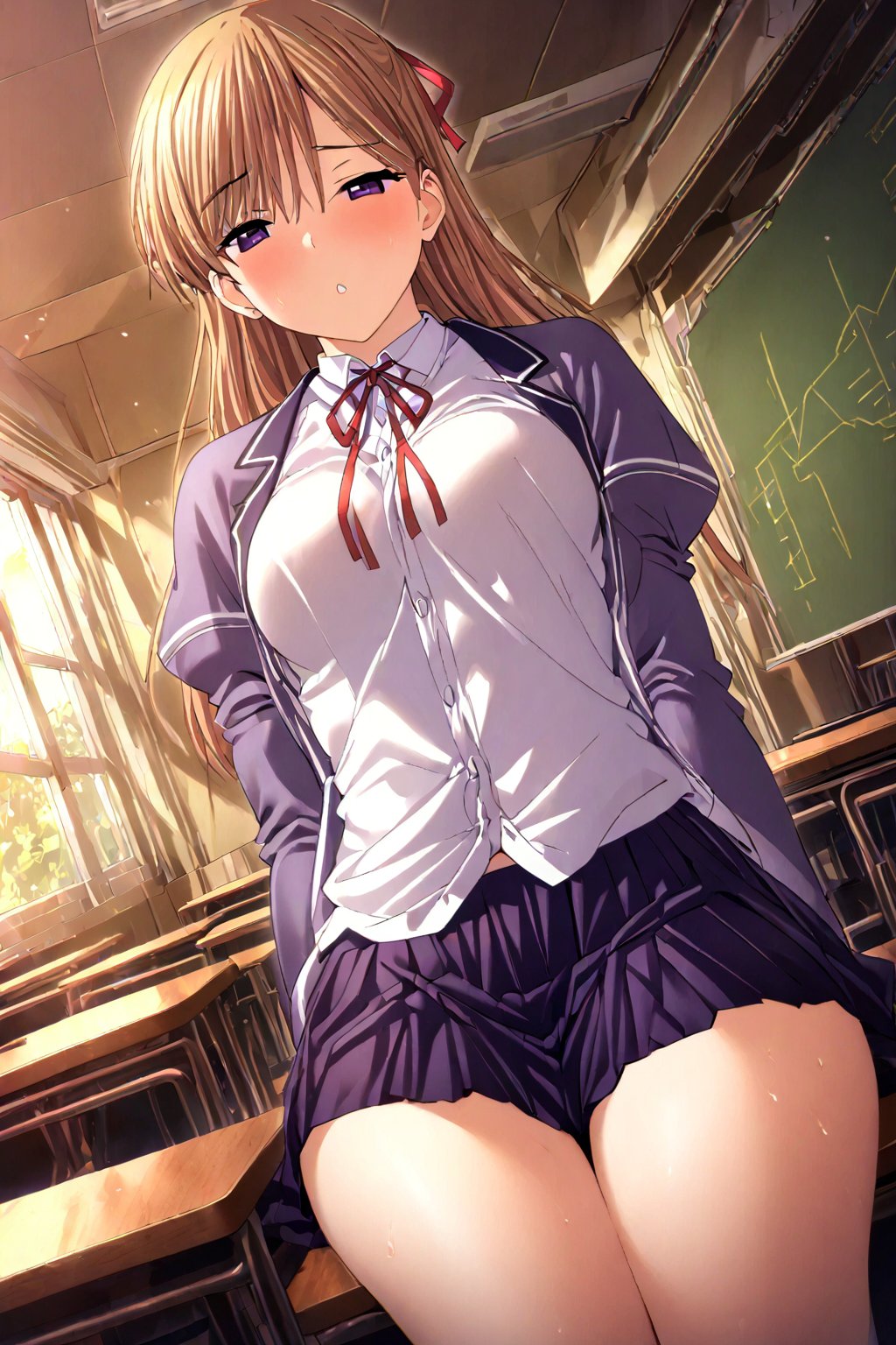 1girl, solo, s_mm, kanzaki asuka, medorei \(game\), school uniform1, masterpiece, best quality, red ribbon, very aesthetic, blonde hair, purple eyes, classroom,  <lora:kanzaki asuka 605 2:1>